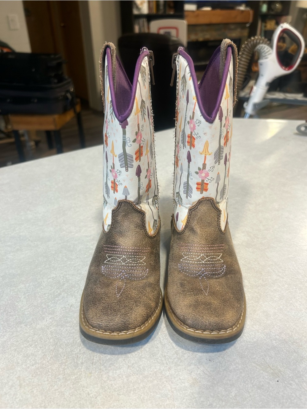 Twister Brown & White Arrow Print Kids Cowboy Boots with Purple Lining
